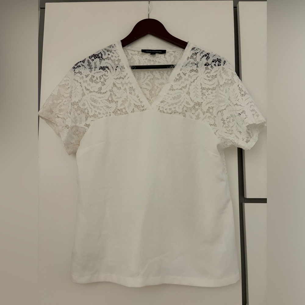 French Connection White Lace-Yoke V-Neck Blouse